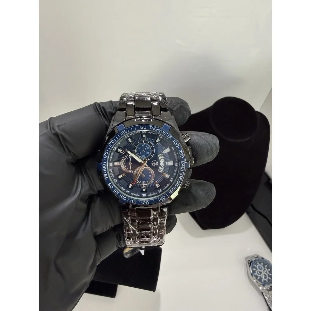 AJ Brand Silver Men's Chronograph Watch Blue Dial stainless steel band
